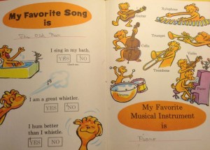 My favorite song today is Pontoon by Little Big Town. I sing in the shower, I am not a great whistler and I hum better than I whistle. My favorite instrument is the piano. I took piano lessons when I was 34 years old.